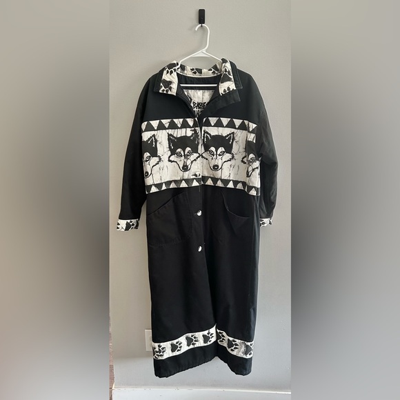Babes In The Woods Vintage 1990 Wolf Cotton Canvas Batik Trench Coat | Size L - Picture 1 of 11